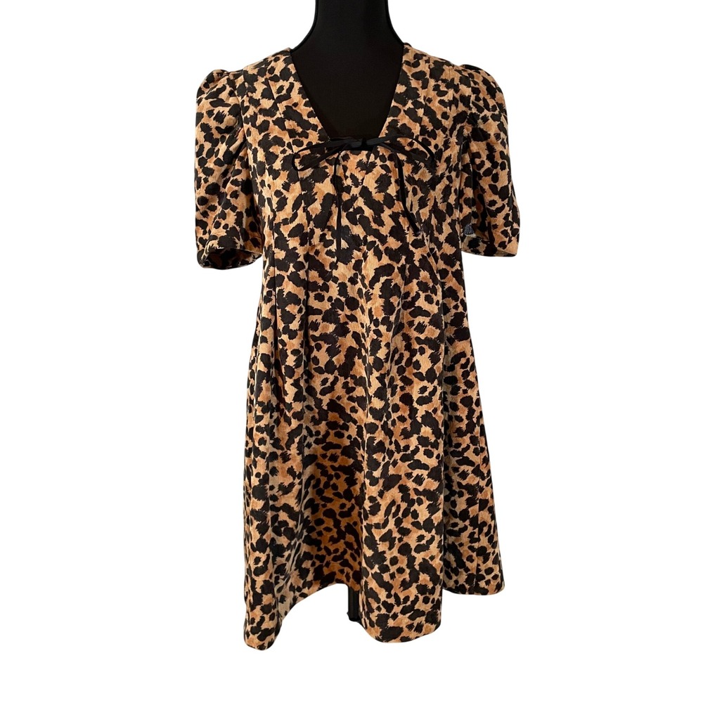 THML Leopard Print Corduroy Babydoll Mini Dress Puff Sleeve V-Neck XS Bohemian
